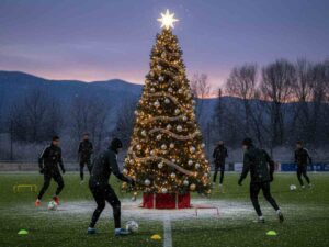 Allenamento di calcio a Natale, immagine creata con AI